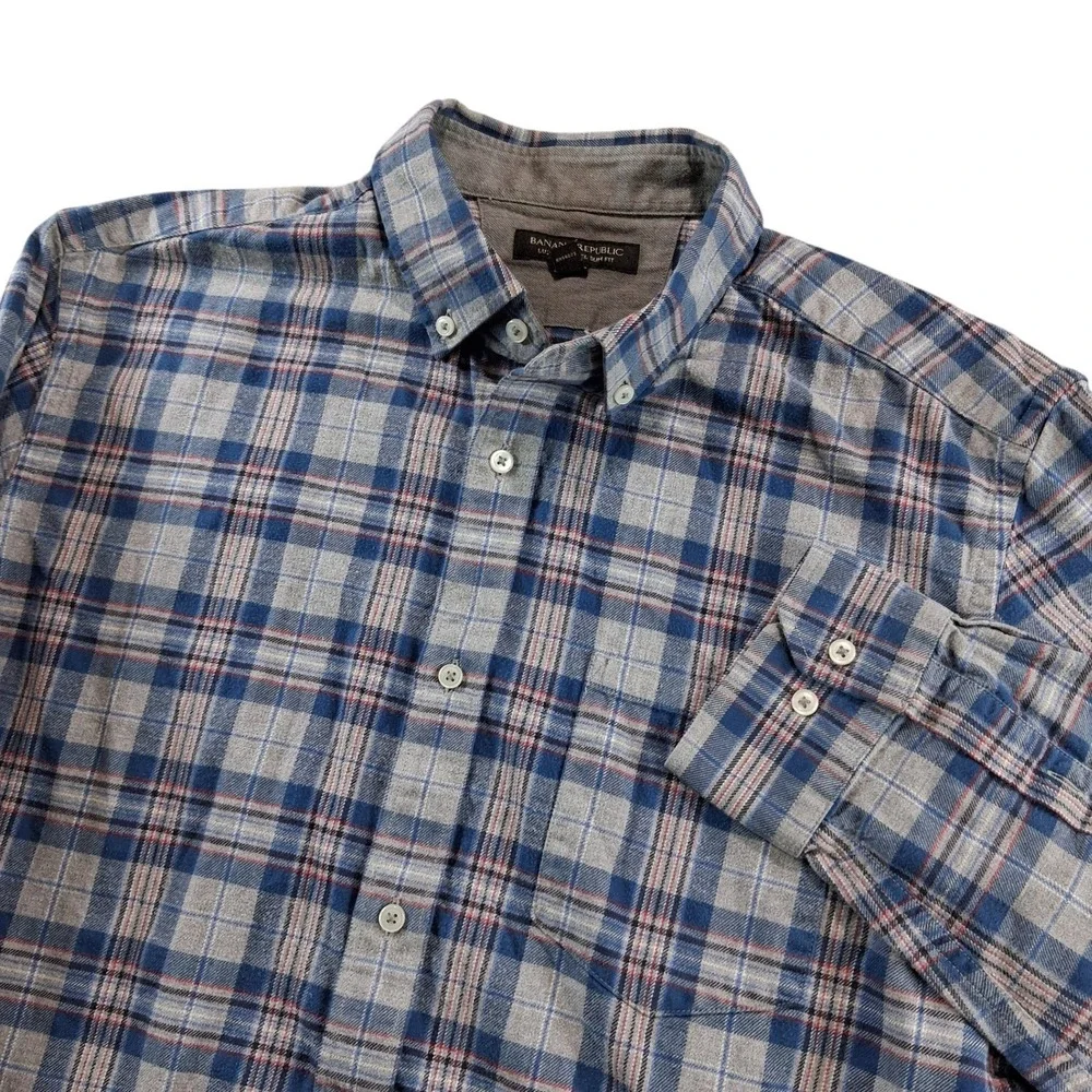 Banana Republic Luxe Flannel Shirt Mens Large Blue Gray Plaid Slim Fit Soft
